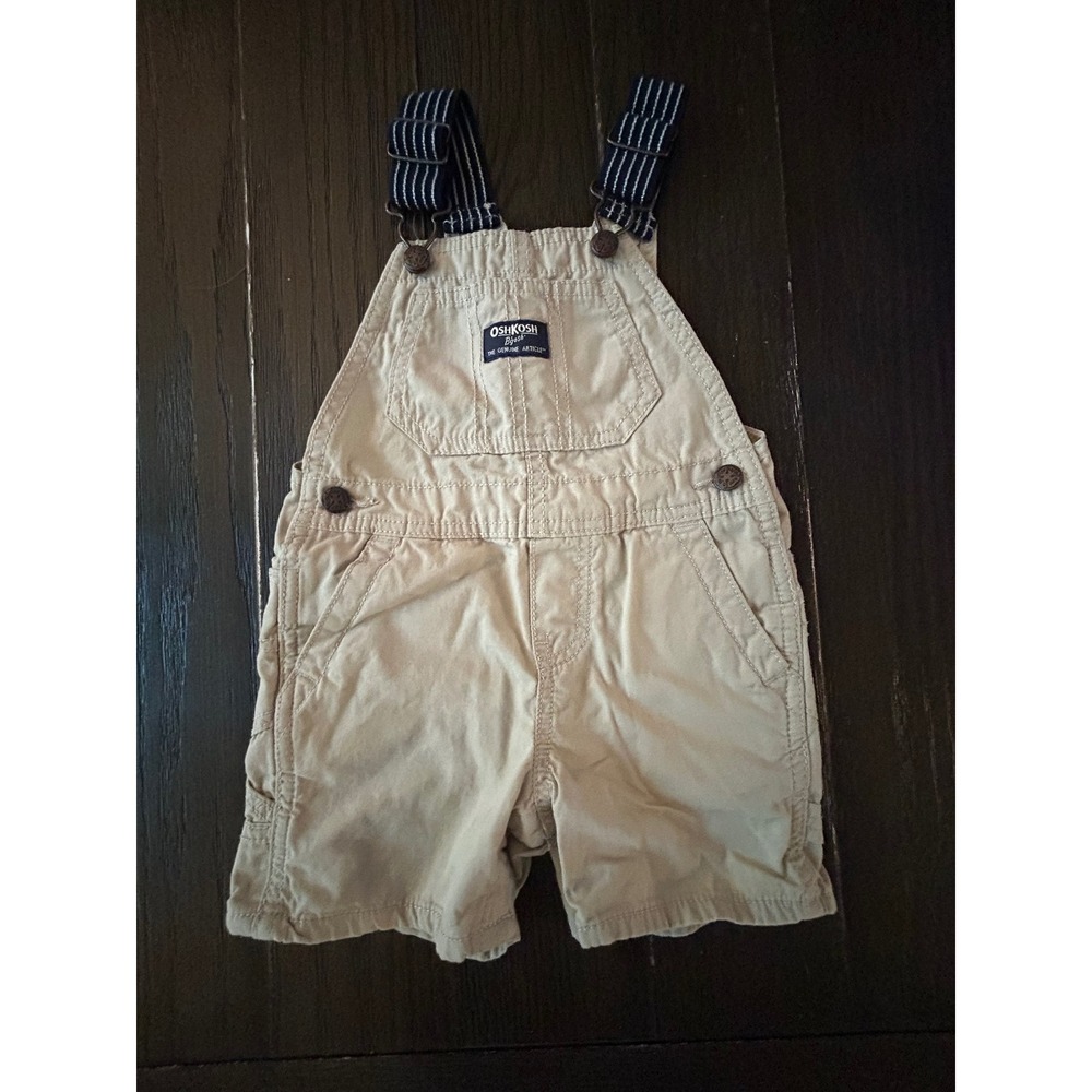 OshKosh Bgosh Baby Boys Tan Khaki Short Overalls Pinstripe Straps 18M